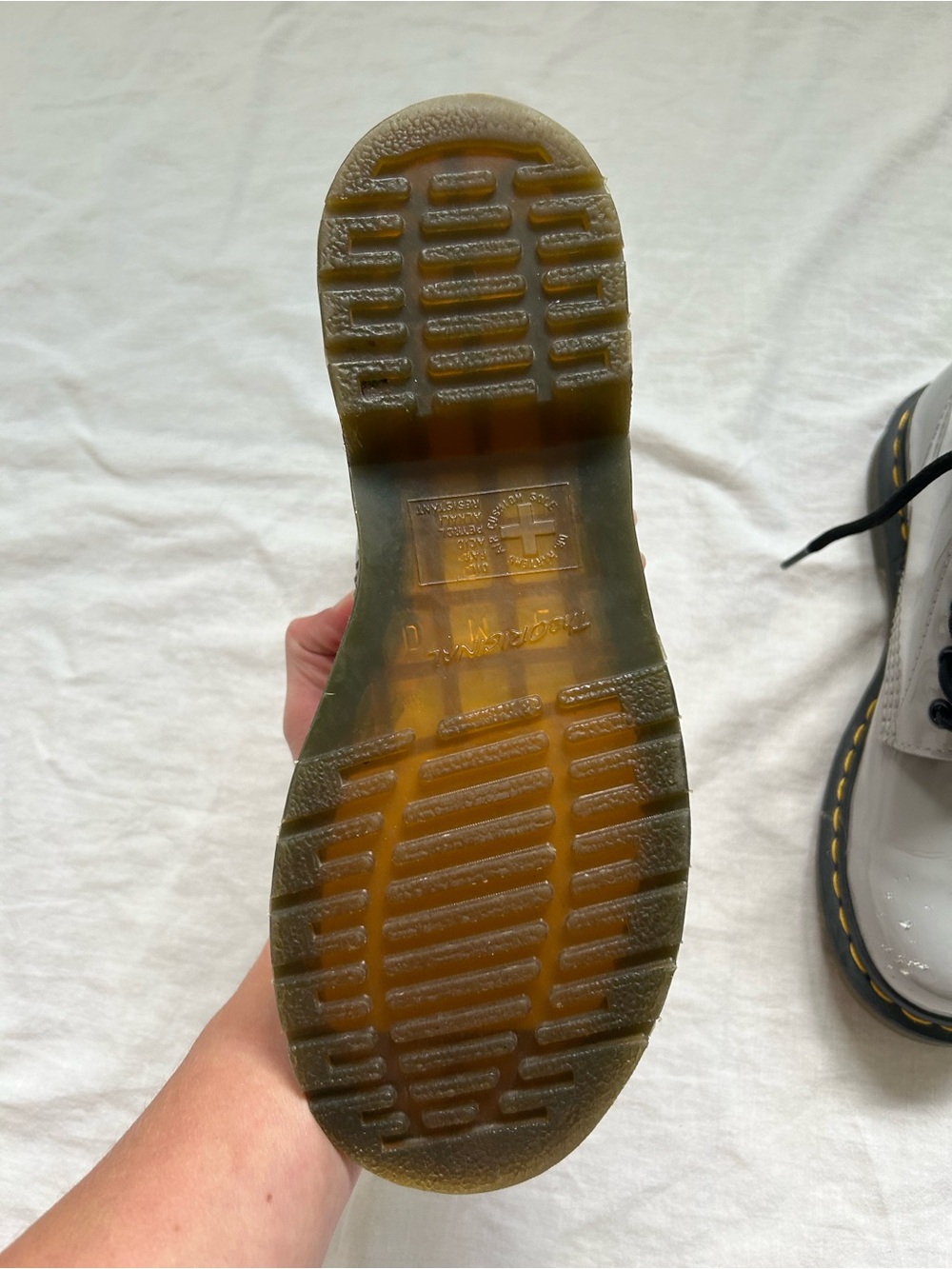 Dr. Martens Women's Glossy Light Gray Lace-Up Combat Boots - Picture 5 of 6